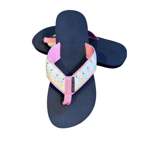 Simply Southern Flamingo Print Flip Flops Navy & Pink Thong Sandals Size S 5/6 - Picture 1 of 6